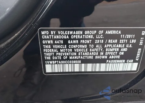 2012 Volkswagen Passat 2.5L Se from USA, damaged, VIN 1VWBP7A30CC029505